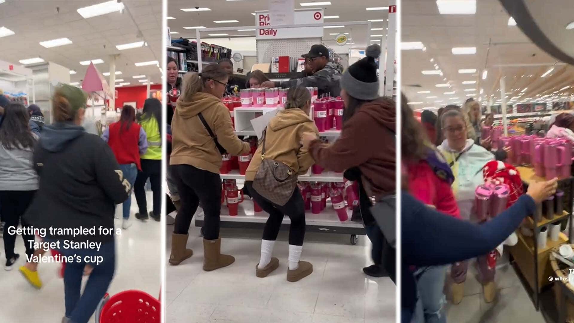 A trio of images showing the chaos at Target due to the Stanley Cup sale. 